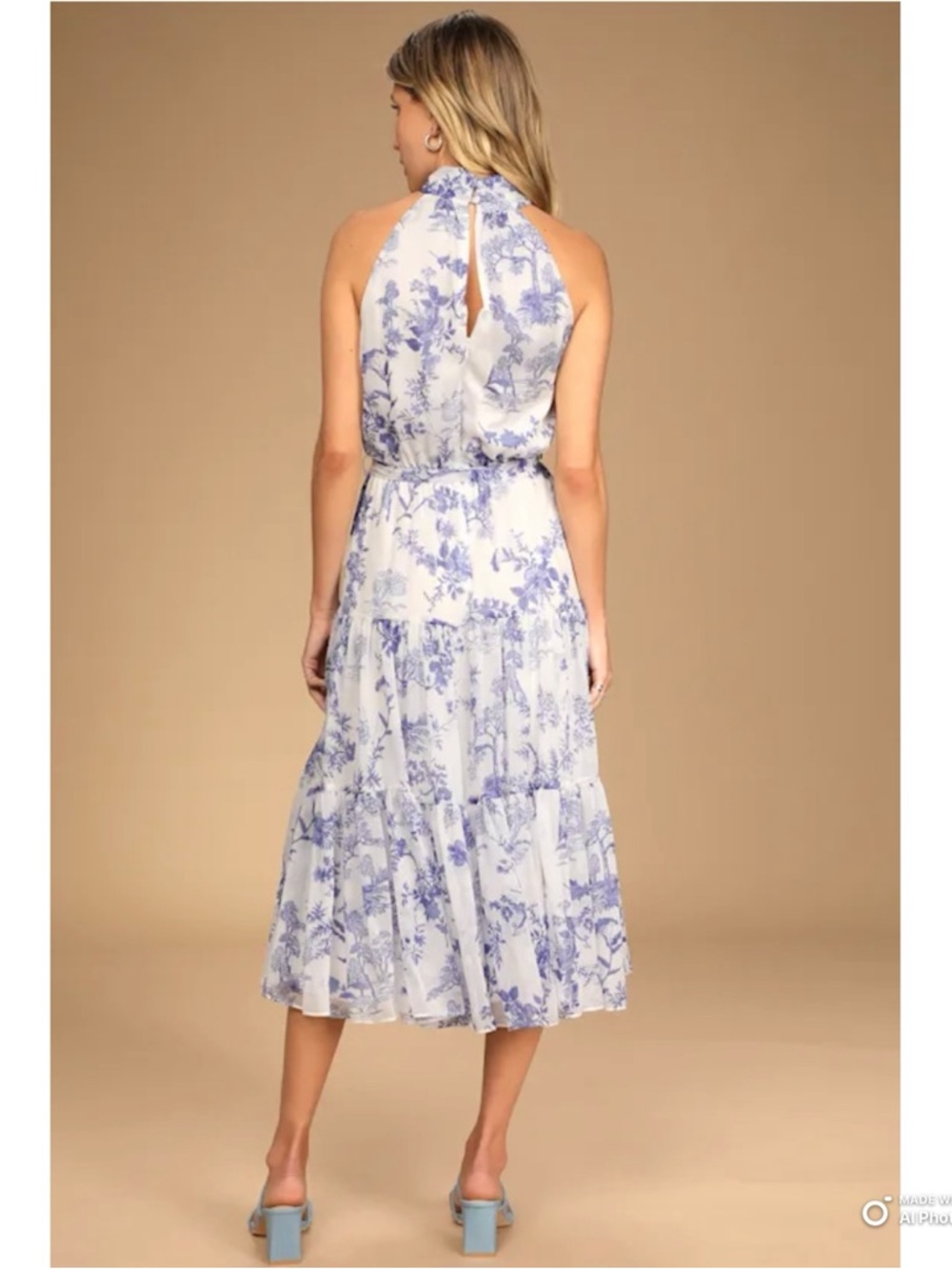Lulus Small Float To You White & Blue Floral Print Halter Tiered Midi Dress NWT - Picture 8 of 17